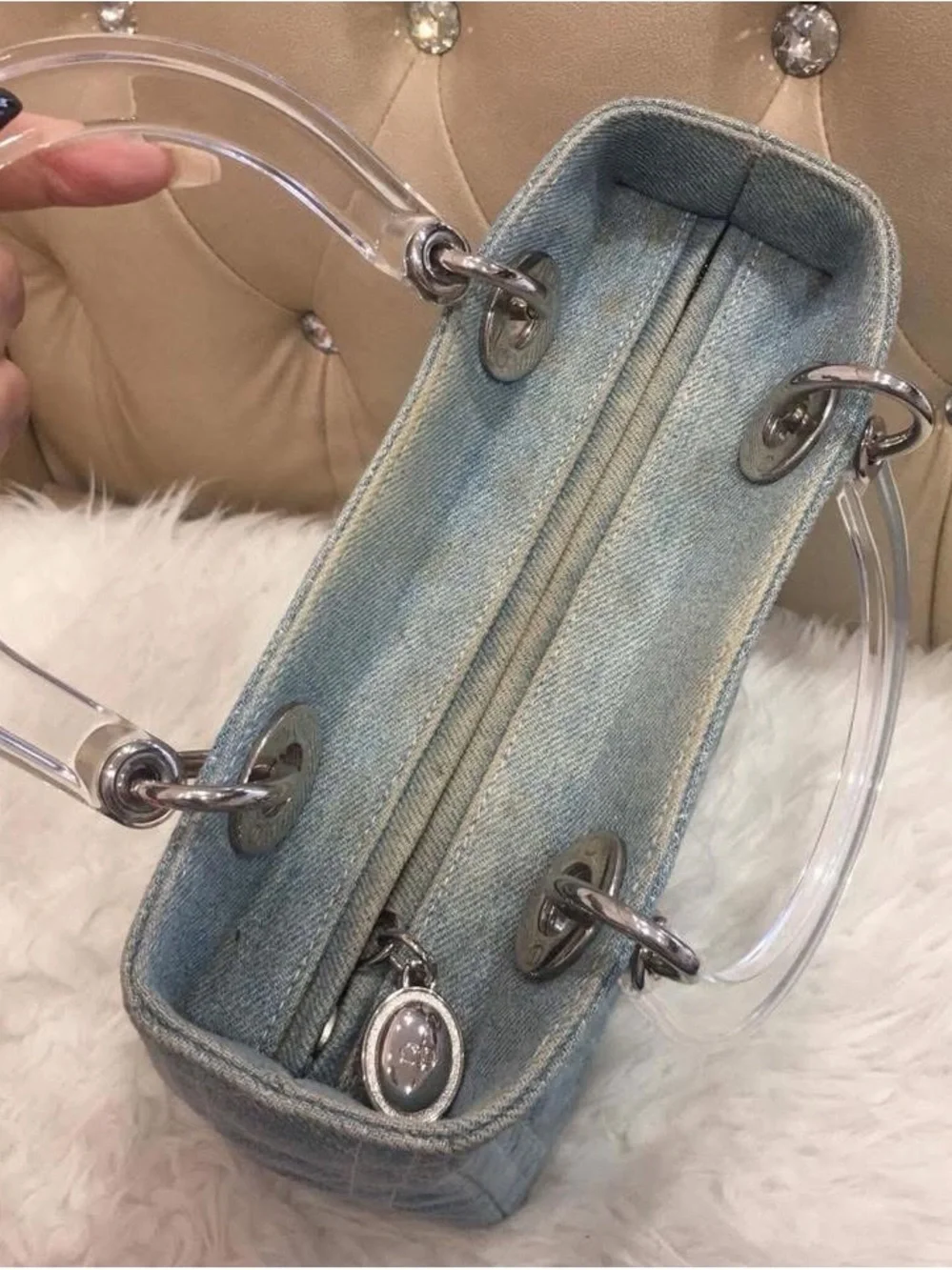 Dior Denim Blue Cannage Satchel with Clear Handles
